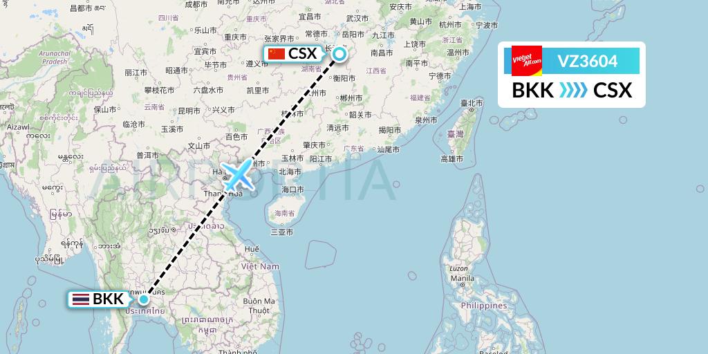 VZ3604 Thai Vietjet Air Flight Map: Bangkok to Changsha