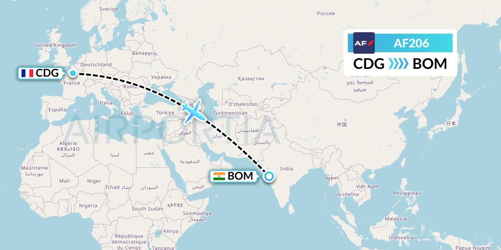 AF206 Air France Flight Map: Paris to Mumbai