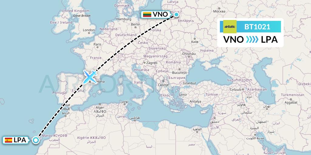 BT1021 Air Baltic Flight Map: Vilnius to Las Palmas