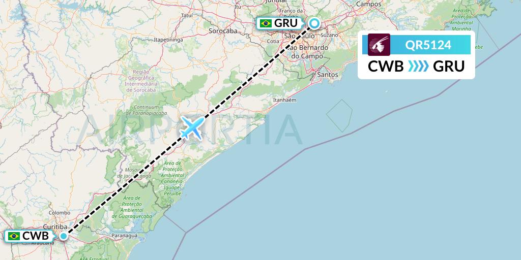 QR5124 Qatar Airways Flight Map: Curitiba to Sao Paulo