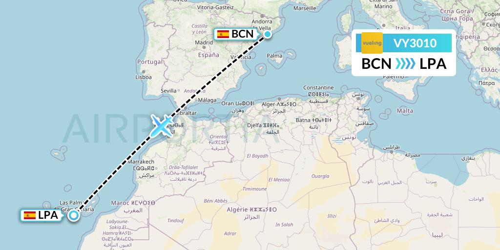 VY3010 Vueling Flight Map: Barcelona to Las Palmas