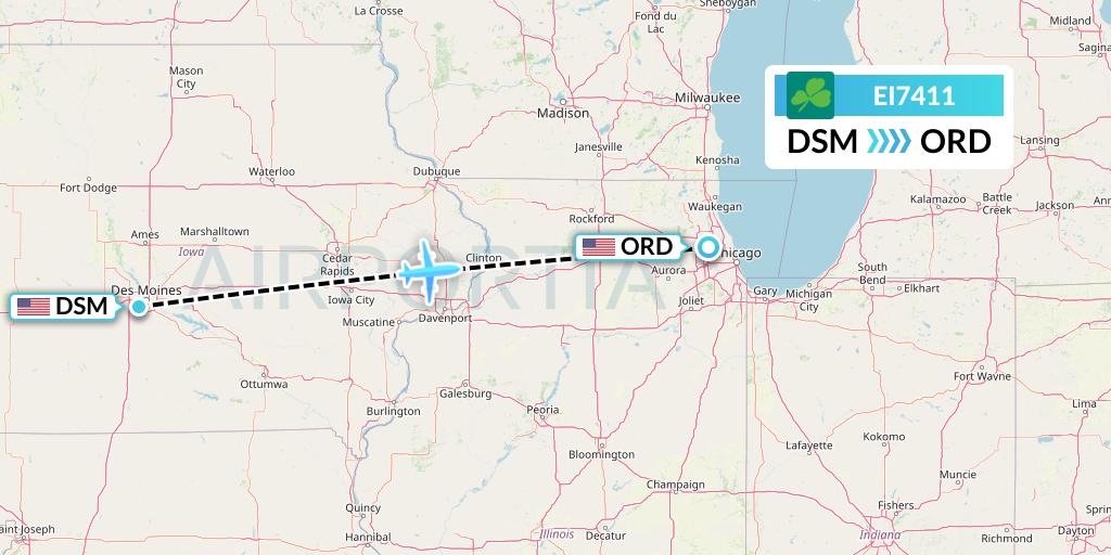 EI7411 Aer Lingus Flight Map: Des Moines to Chicago