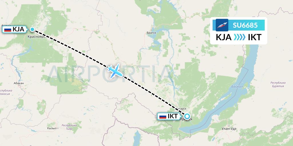 SU6685 Aeroflot Flight Map: Krasnoyarsk to Irkutsk