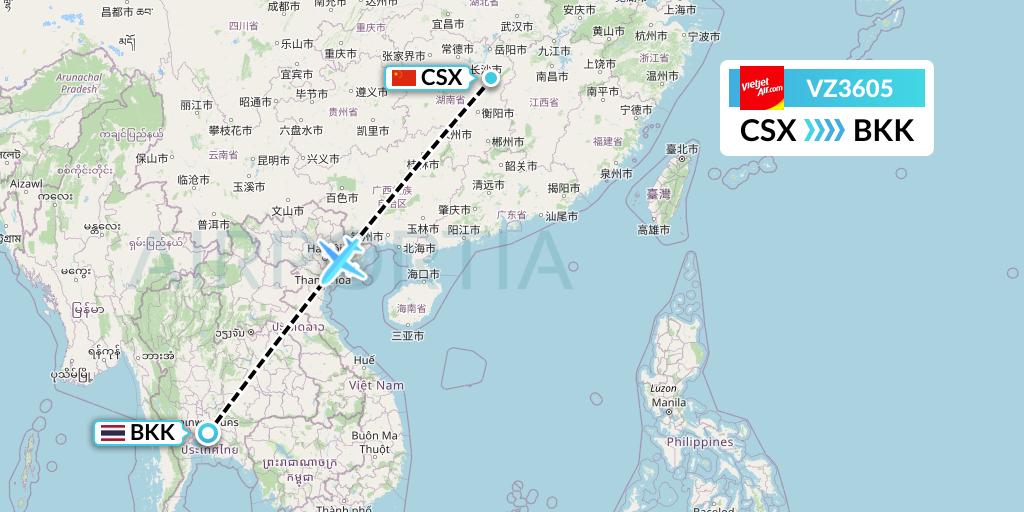 VZ3605 Thai Vietjet Air Flight Map: Changsha to Bangkok