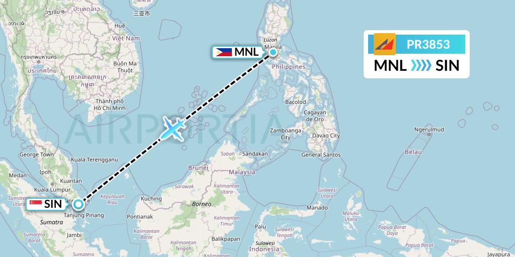 PR3853 Philippine Airlines Flight Map: Manila to Singapore