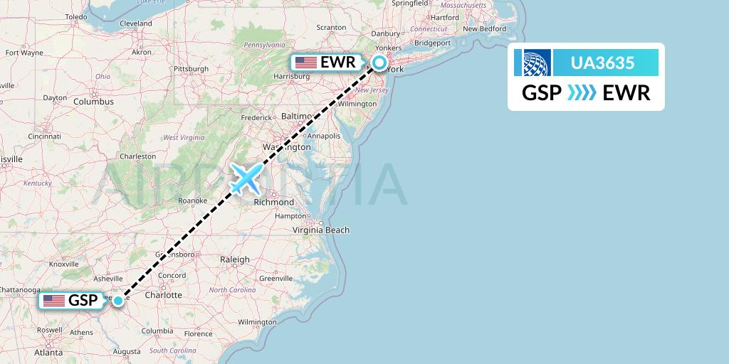 UA3635 United Airlines Flight Map: Greenville-Spartanburg to New York