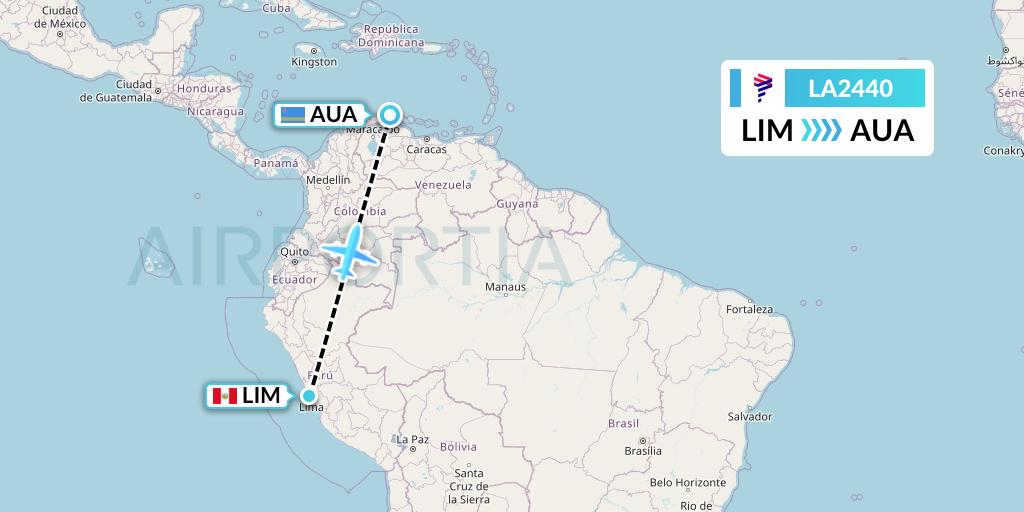 LA2440 LAN Airlines Flight Map: Lima to Oranjestad