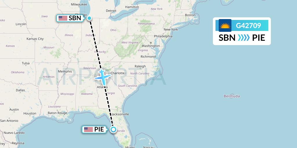 G42709 Allegiant Air Flight Map: South Bend to St. Petersburg