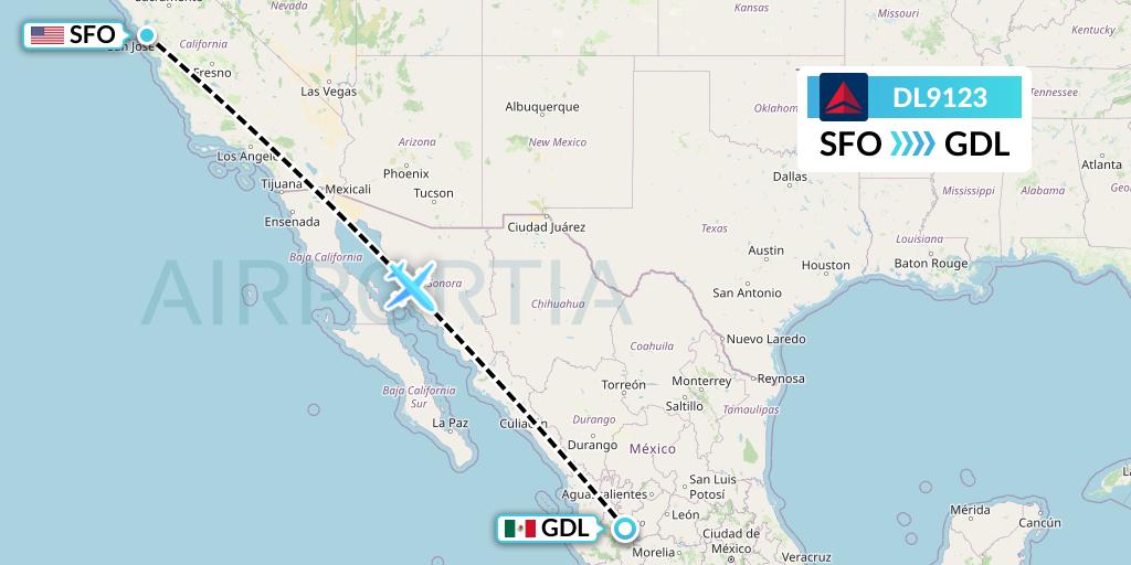 DL9123 Delta Air Lines Flight Map: San Francisco to Guadalajara