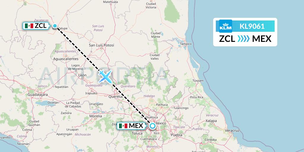 KL9061 KLM Flight Map: Zacatecas to Mexico City