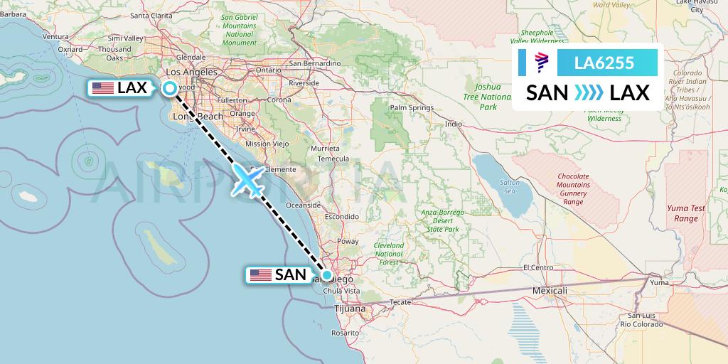 LA6255 LAN Airlines Flight Map: San Diego to Los Angeles