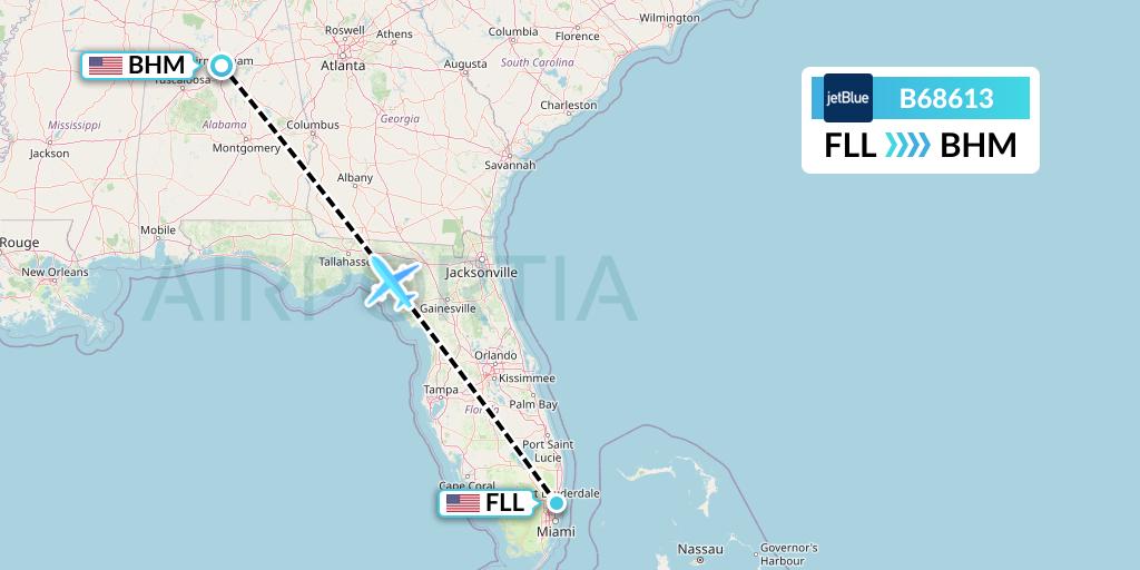 B68613 JetBlue Airways Flight Map: Fort Lauderdale to Birmingham
