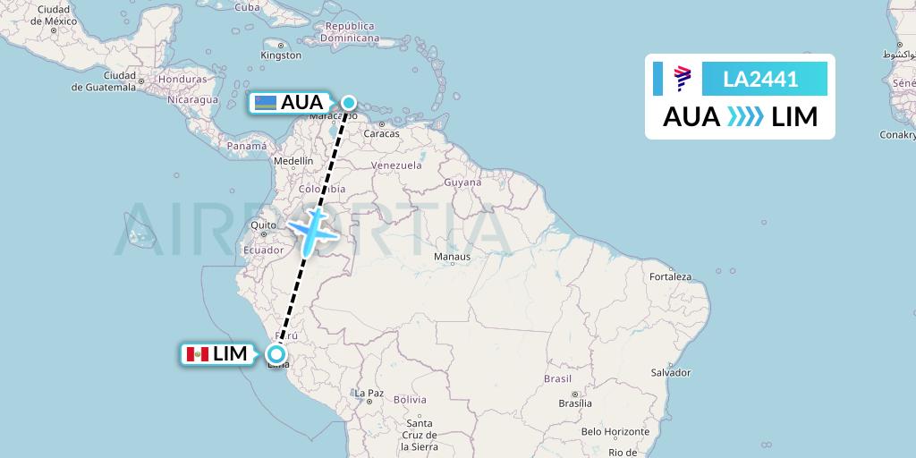 LA2441 LAN Airlines Flight Map: Oranjestad to Lima