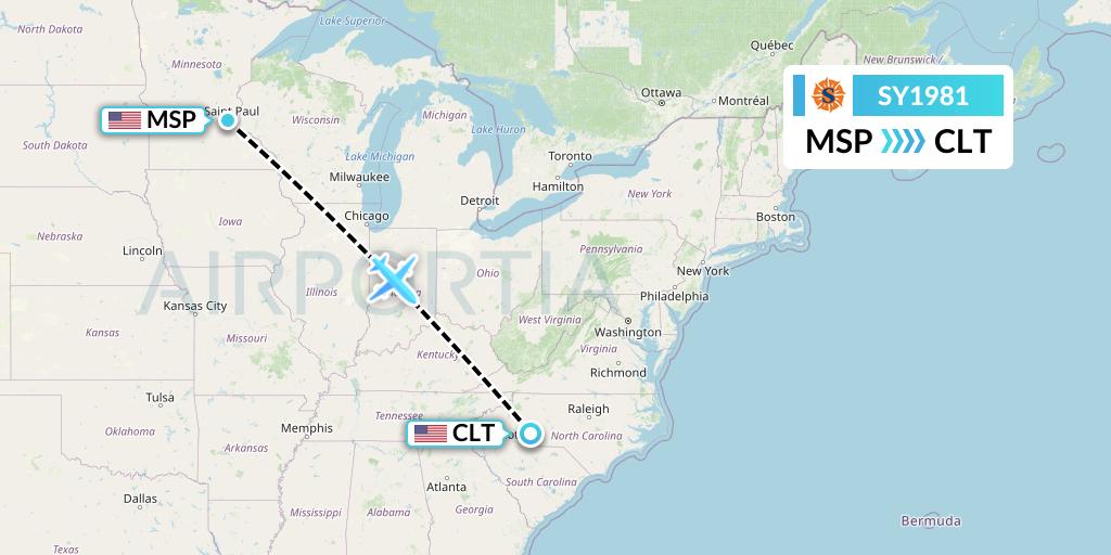 SY1981 Sun Country Airlines Flight Map: Minneapolis to Charlotte
