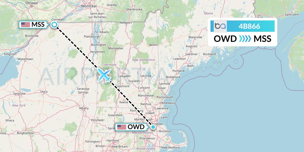 4B866 Boutique Air Flight Map: Norwood to Massena