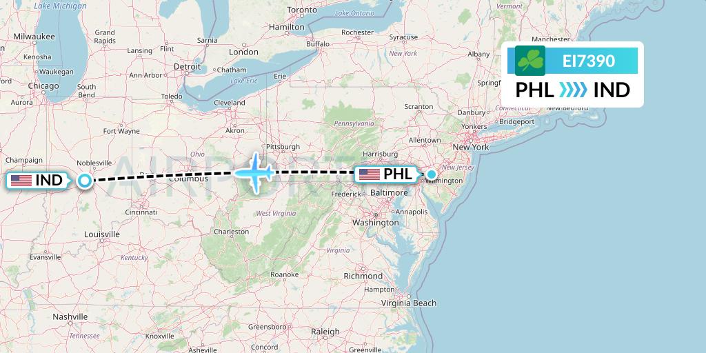 EI7390 Aer Lingus Flight Map: Philadelphia to Indianapolis