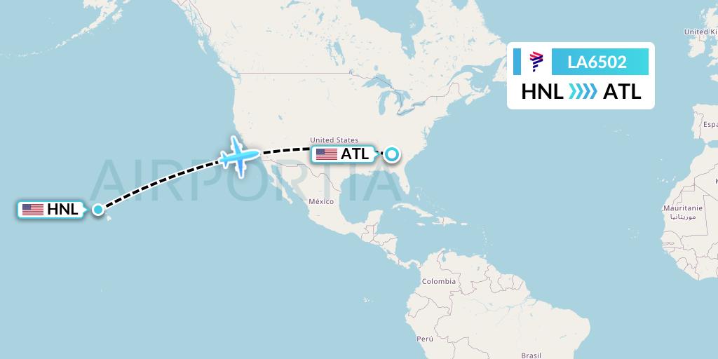 LA6502 LAN Airlines Flight Map: Honolulu to Atlanta