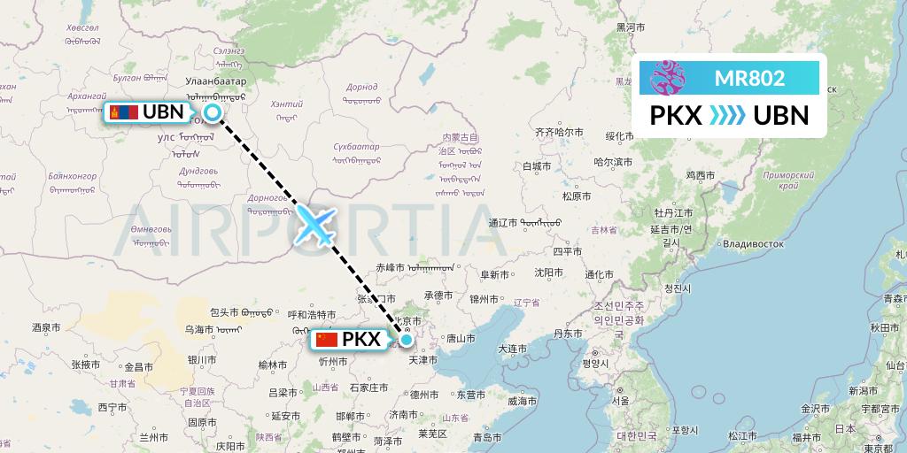 MR802 Hunnu Air Flight Map: Beijing to Ulan Bator