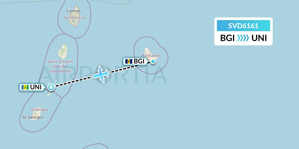 SVD6161 Svg Air Flight Map: Bridgetown to Union Island
