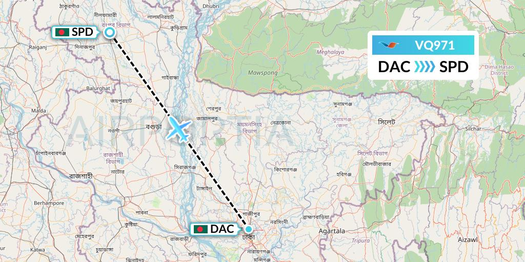 VQ971 Novoair Flight Map: Dhaka to Saidpur