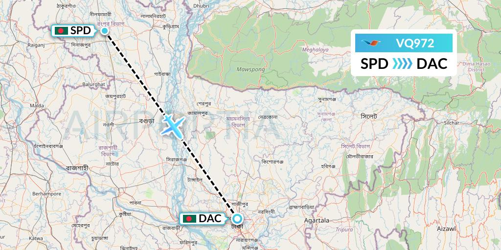 VQ972 Novoair Flight Map: Saidpur to Dhaka
