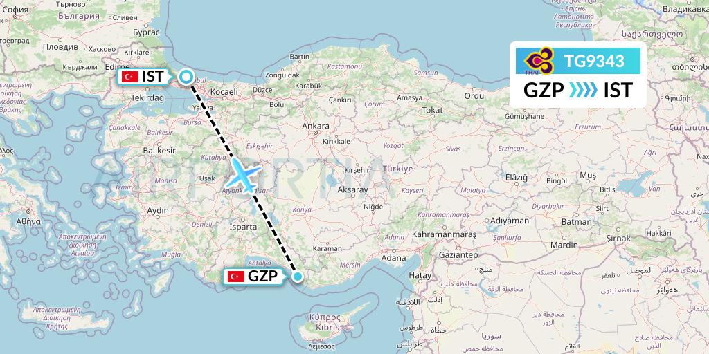 TG9343 Thai Airways Flight Map: Gazipasa to Istanbul