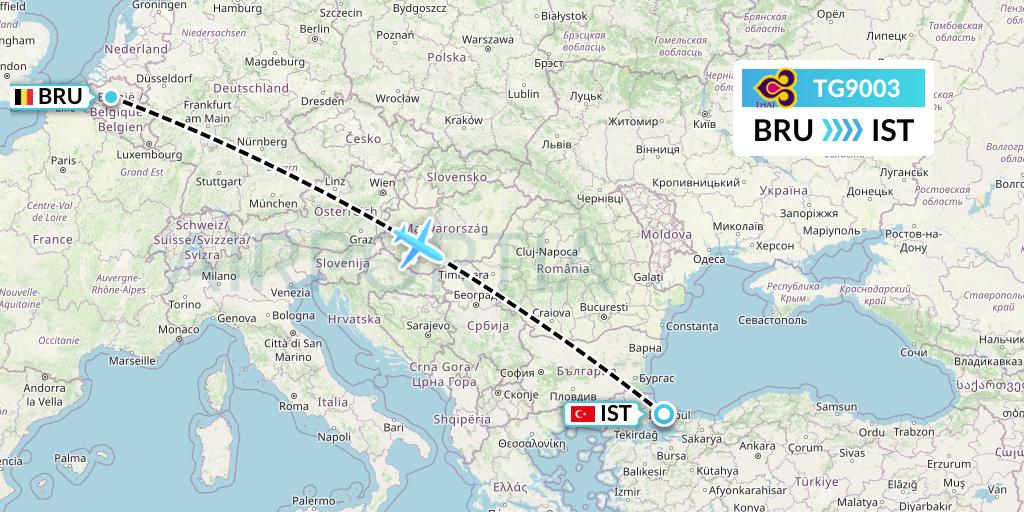 TG9003 Thai Airways Flight Map: Brussels to Istanbul