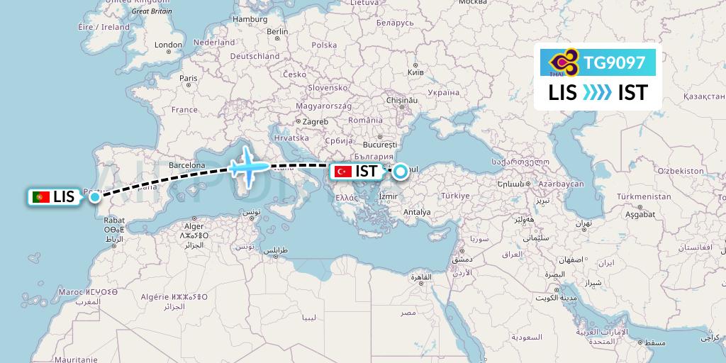 TG9097 Thai Airways Flight Map: Lisbon to Istanbul