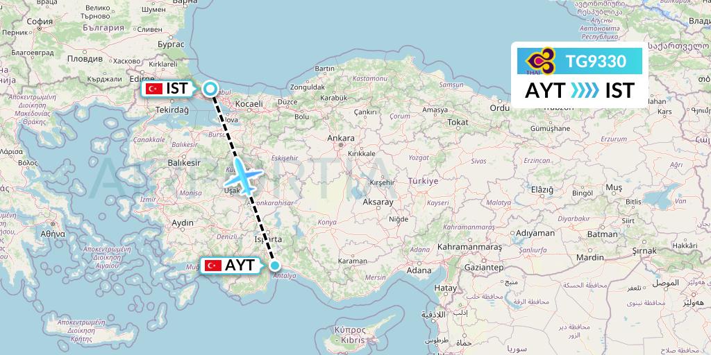 TG9330 Thai Airways Flight Map: Antalya to Istanbul