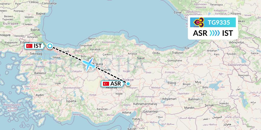TG9335 Thai Airways Flight Map: Kayseri to Istanbul