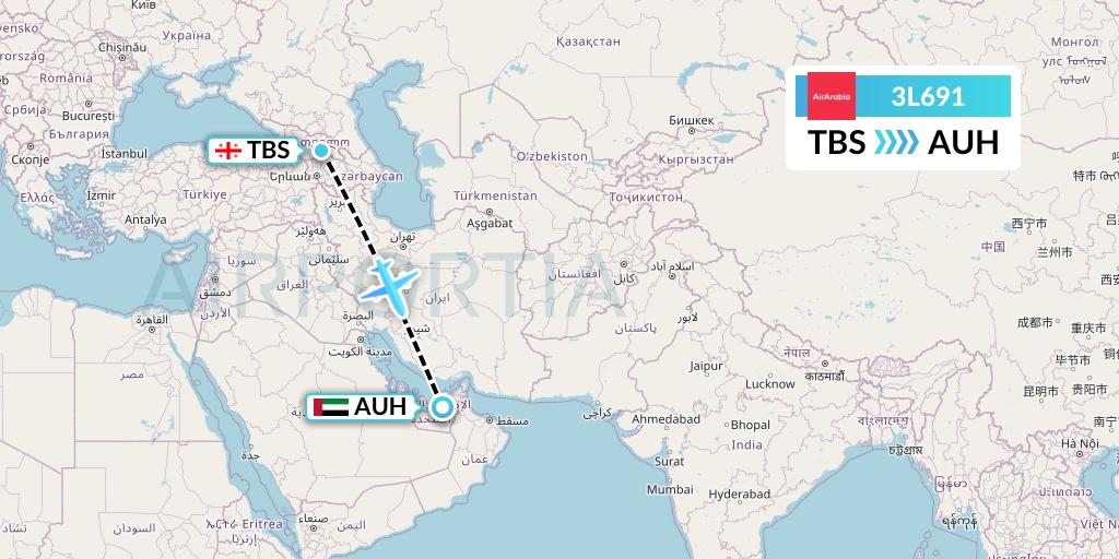 3L691 Air Arabia Abu Dhabi Flight Map: Tbilisi to Abu Dhabi