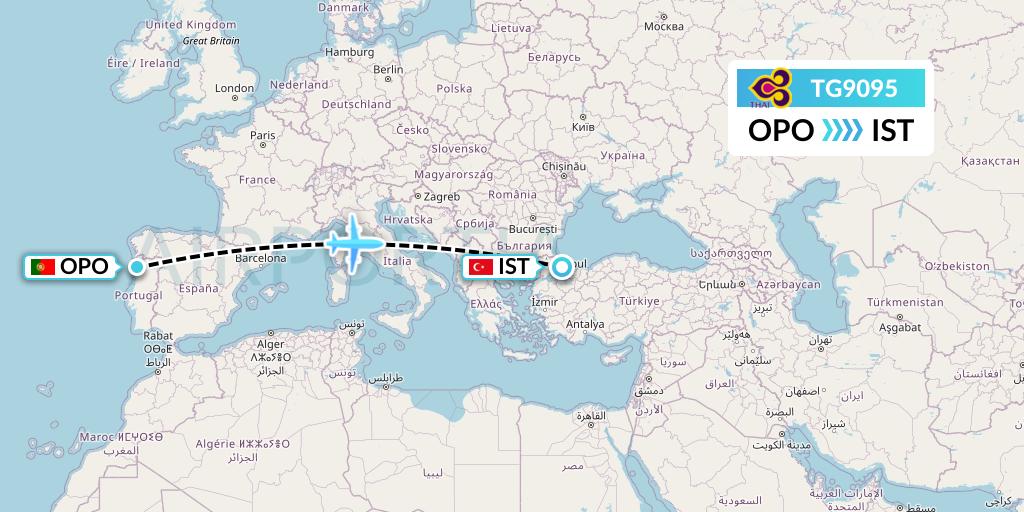 TG9095 Thai Airways Flight Map: Porto to Istanbul