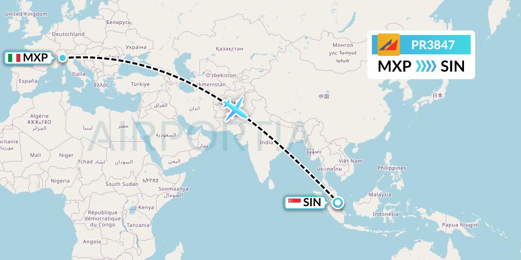 PR3847 Philippine Airlines Flight Map: Milan to Singapore