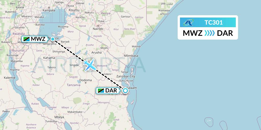 TC301 Air Tanzania Flight Map: Mwanza to Dar-es-Salaam