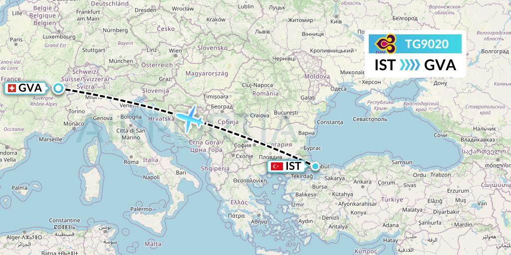 TG9020 Thai Airways Flight Map: Istanbul to Geneva