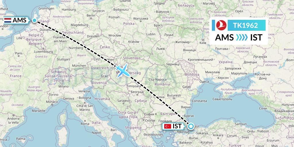 TK1962 Turkish Airlines Flight Map: Amsterdam to Istanbul