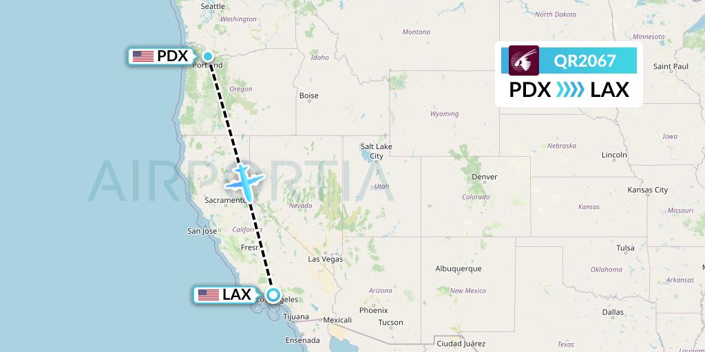 QR2067 Qatar Airways Flight Map: Portland to Los Angeles