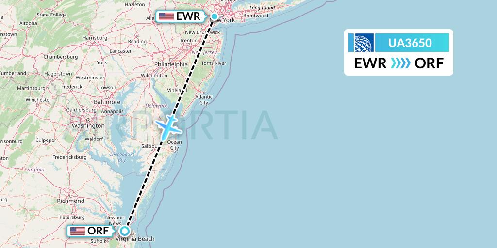 UA3650 United Airlines Flight Map: New York to Norfolk