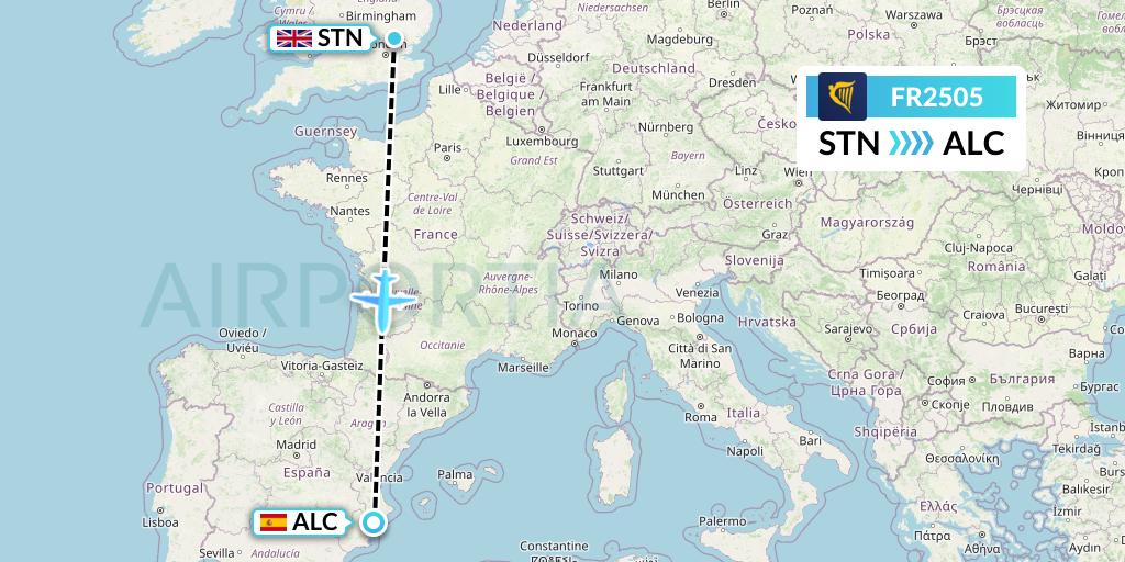FR2505 Ryanair Flight Map: London to Alicante