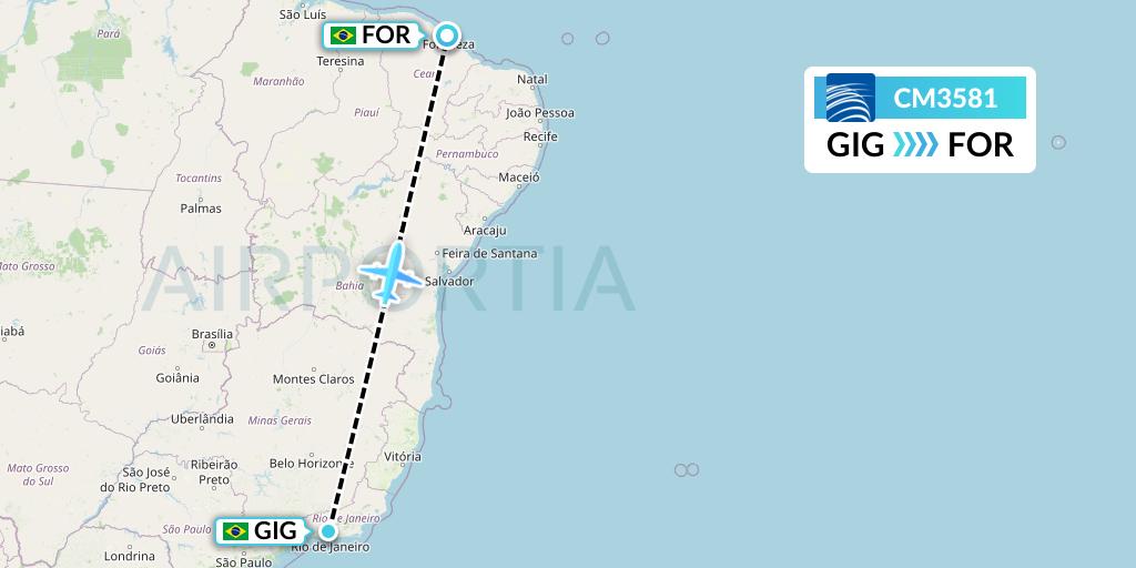 CM3581 Copa Airlines Flight Map: Rio de Janeiro to Fortaleza