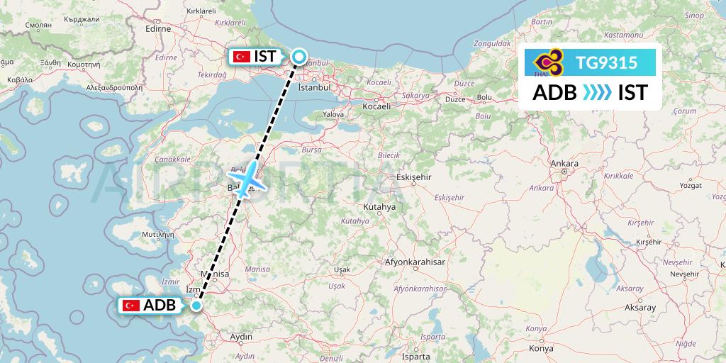 TG9315 Thai Airways Flight Map: Izmir to Istanbul