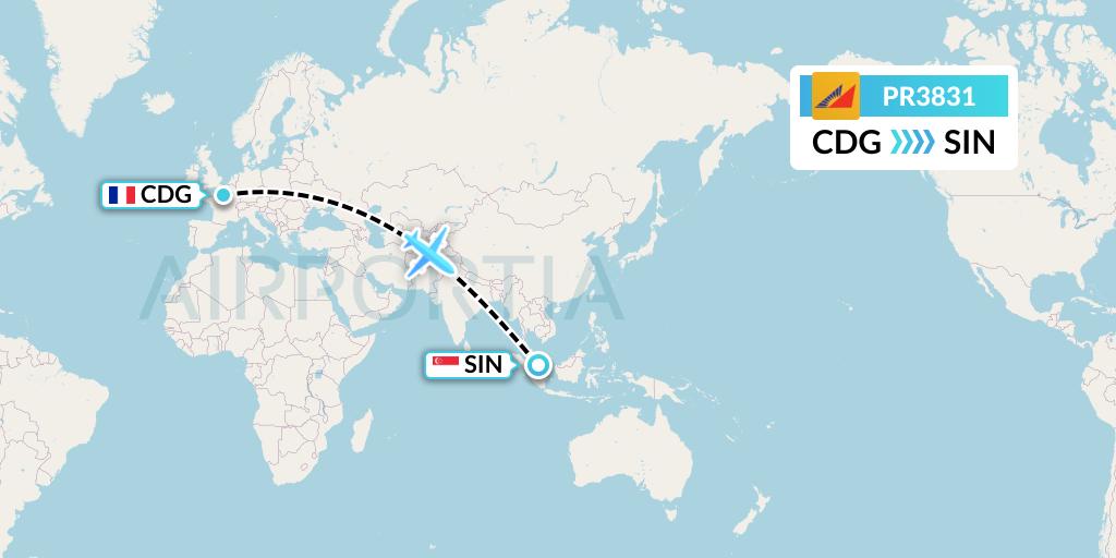 PR3831 Philippine Airlines Flight Map: Paris to Singapore