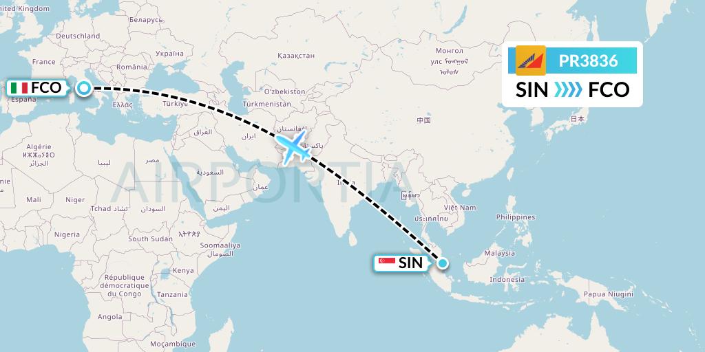 PR3836 Philippine Airlines Flight Map: Singapore to Rome