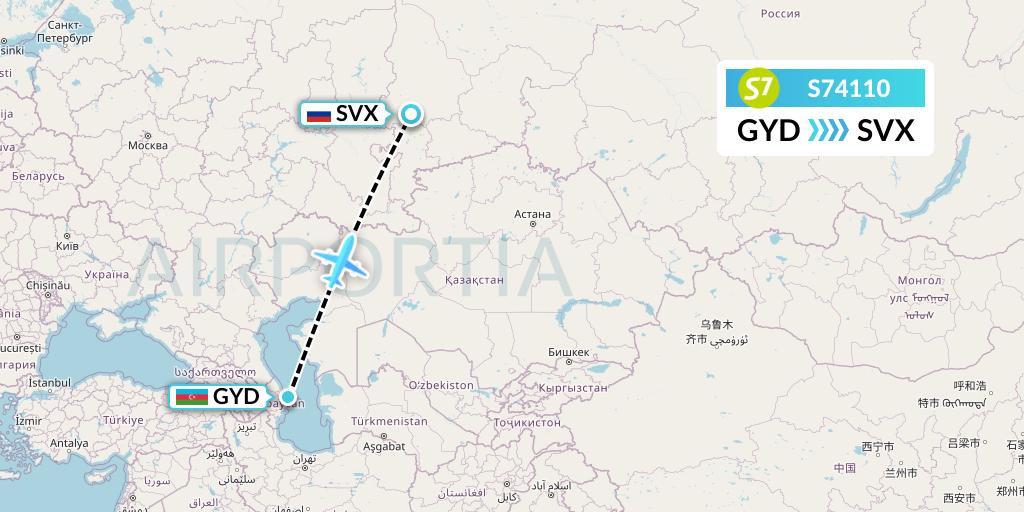 S74110 S7 Airlines Flight Map: Baku to Yekaterinburg