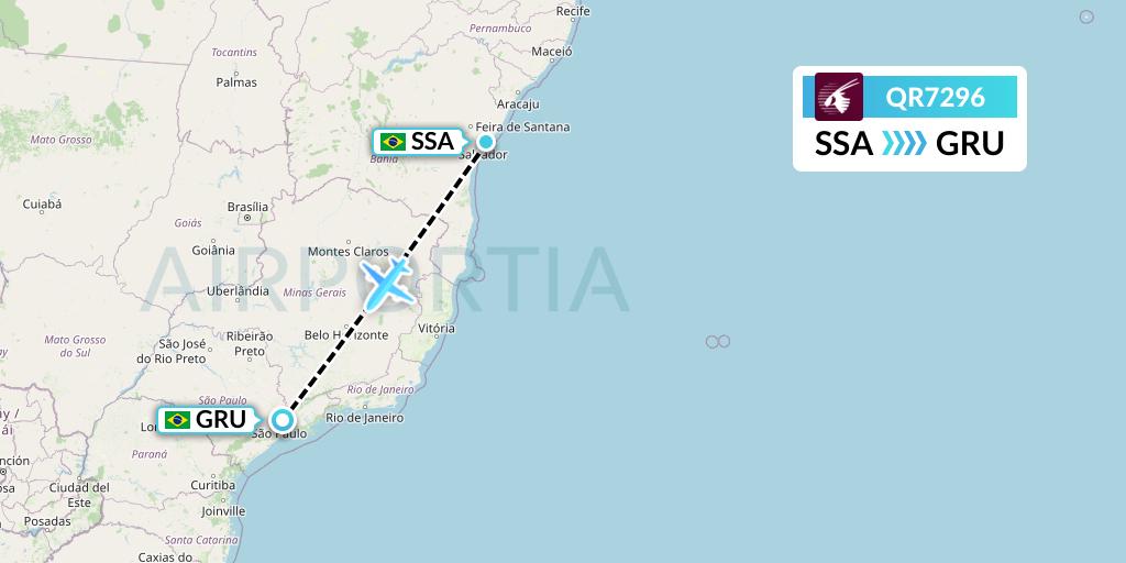 QR7296 Qatar Airways Flight Map: Salvador to Sao Paulo
