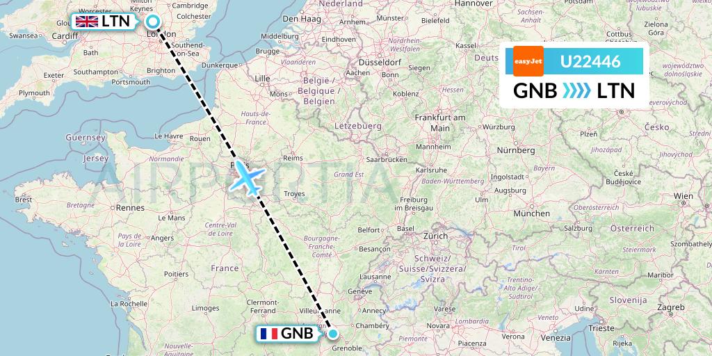 U22446 EasyJet Flight Map: Grenoble to London