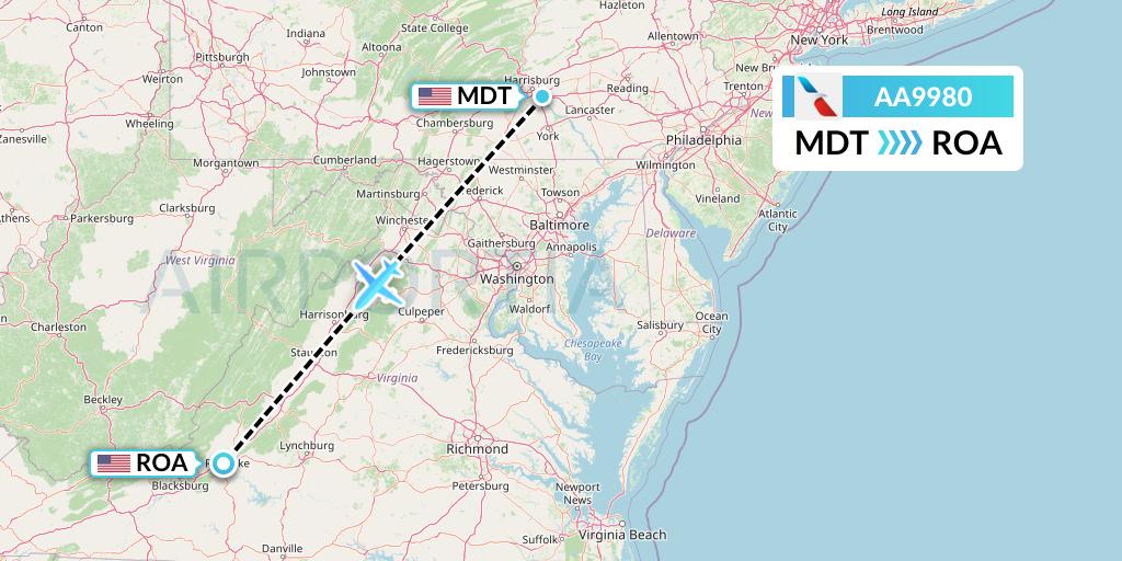 AA9980 American Airlines Flight Map: Harrisburg to Roanoke