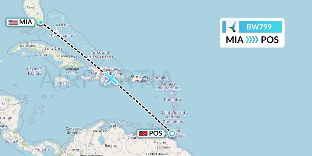 BW799 Caribbean Airlines Flight Map: Miami to Port of Spain