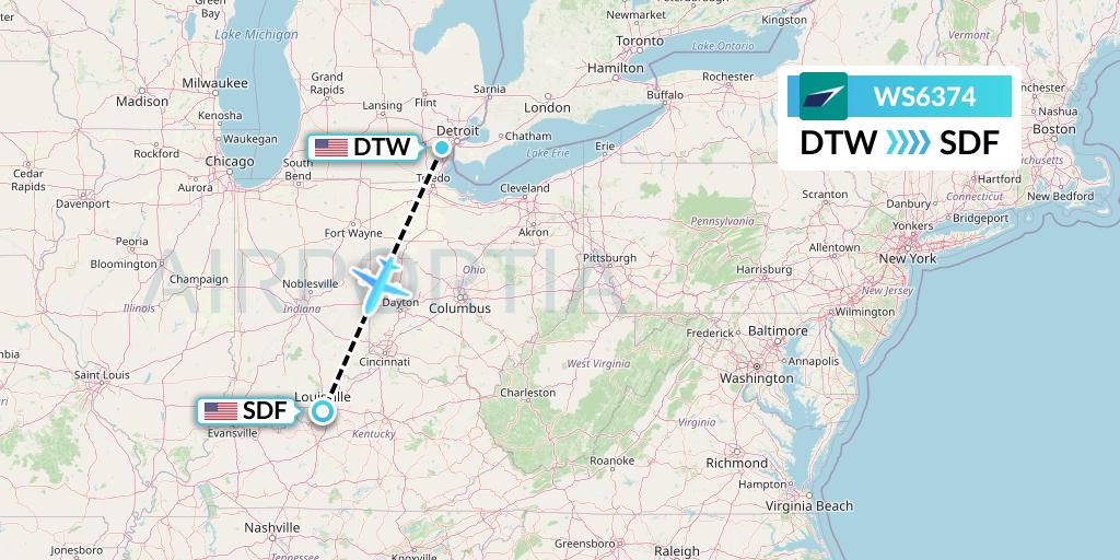 WS6374 WestJet Flight Map: Detroit to Louisville