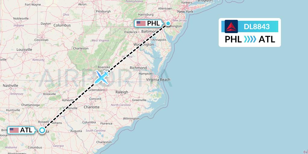 DL8843 Delta Air Lines Flight Map: Philadelphia to Atlanta